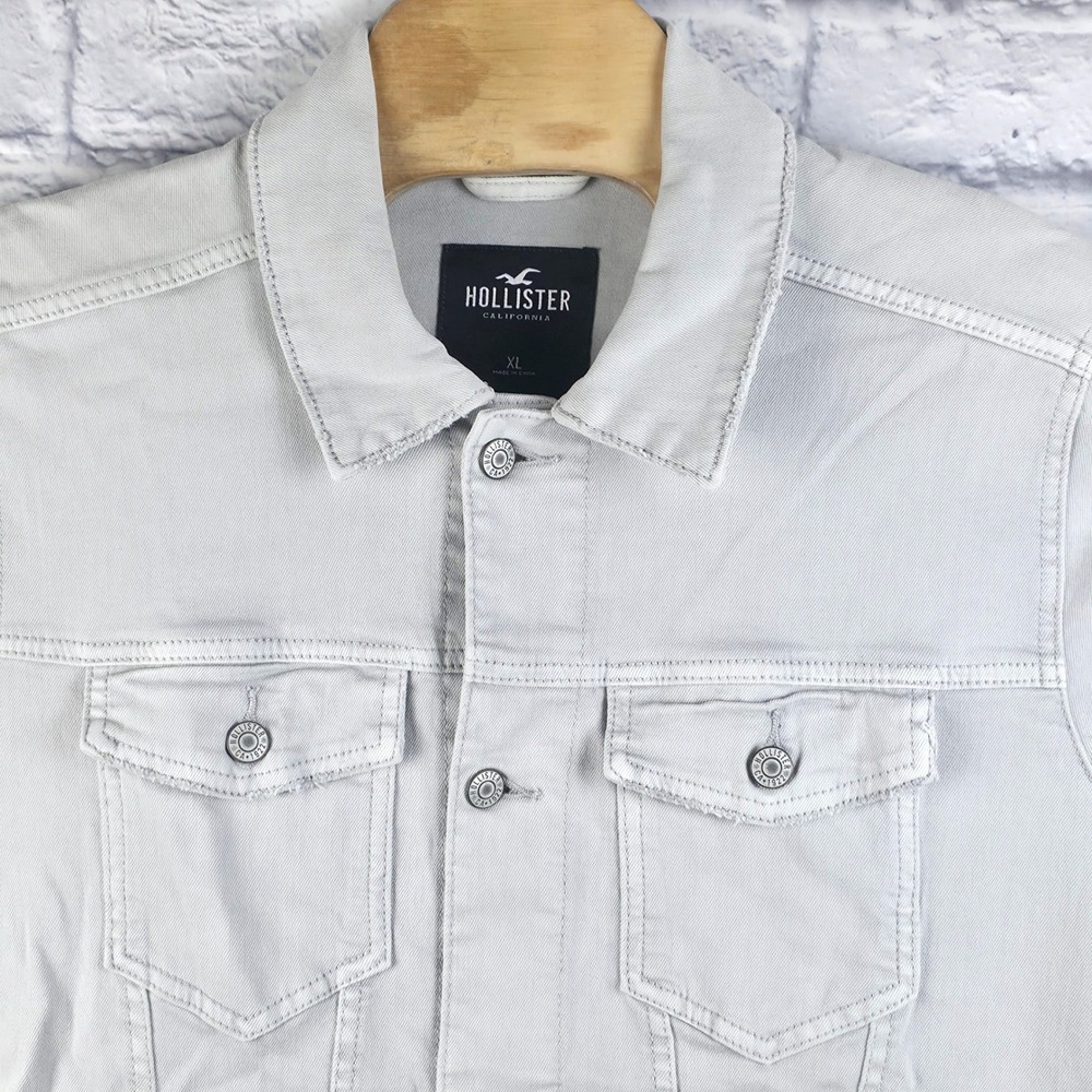 Hollister Men Denim Light Gray Epic Flex Stretch Trucker Button Jacket Size XL